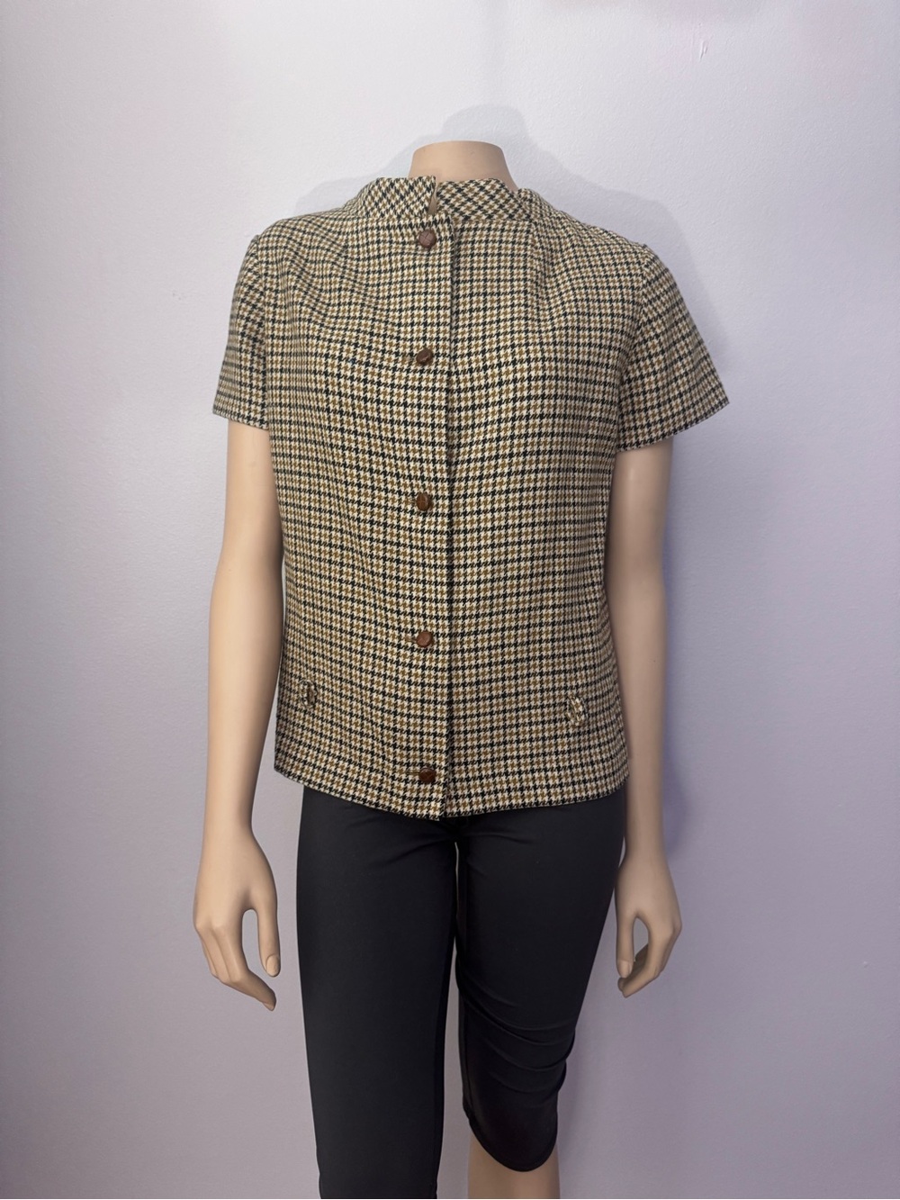 Majestic Short Sleeve Houndstooth Tunic in Beige and Black